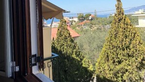 A window with a view of a mountainous landscape, including trees and buildings.
