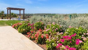 A garden with a pergola and lounge chairs, surrounded by colorful flowers and a clear sky. - Finca Aubaco
Stunning Finca with pool and garden (PM)
