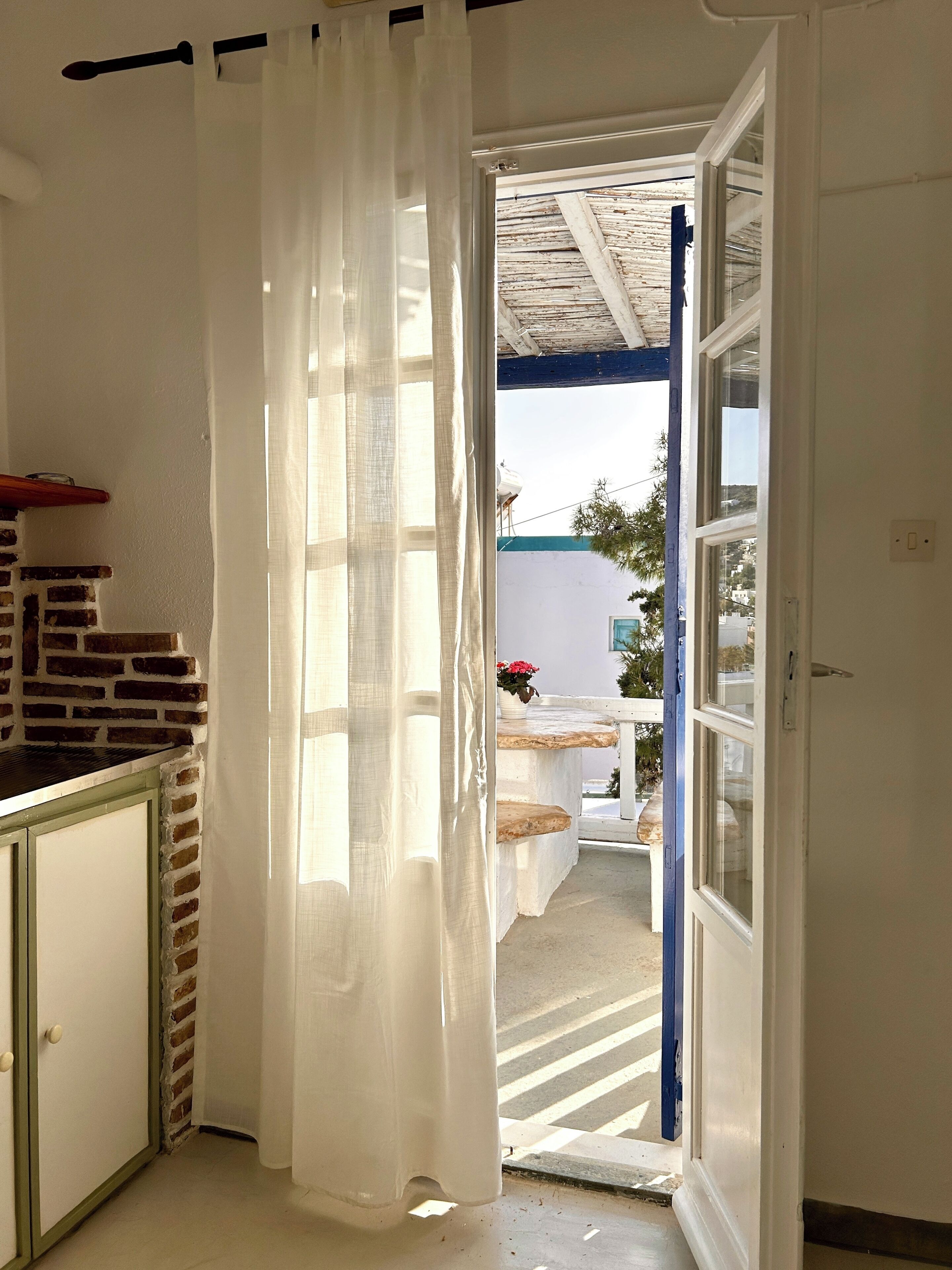 A room with a white door leading to an outdoor area, a brick wall, and a small table with a potted plant.