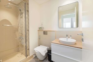 Shower, hair dryer, towels