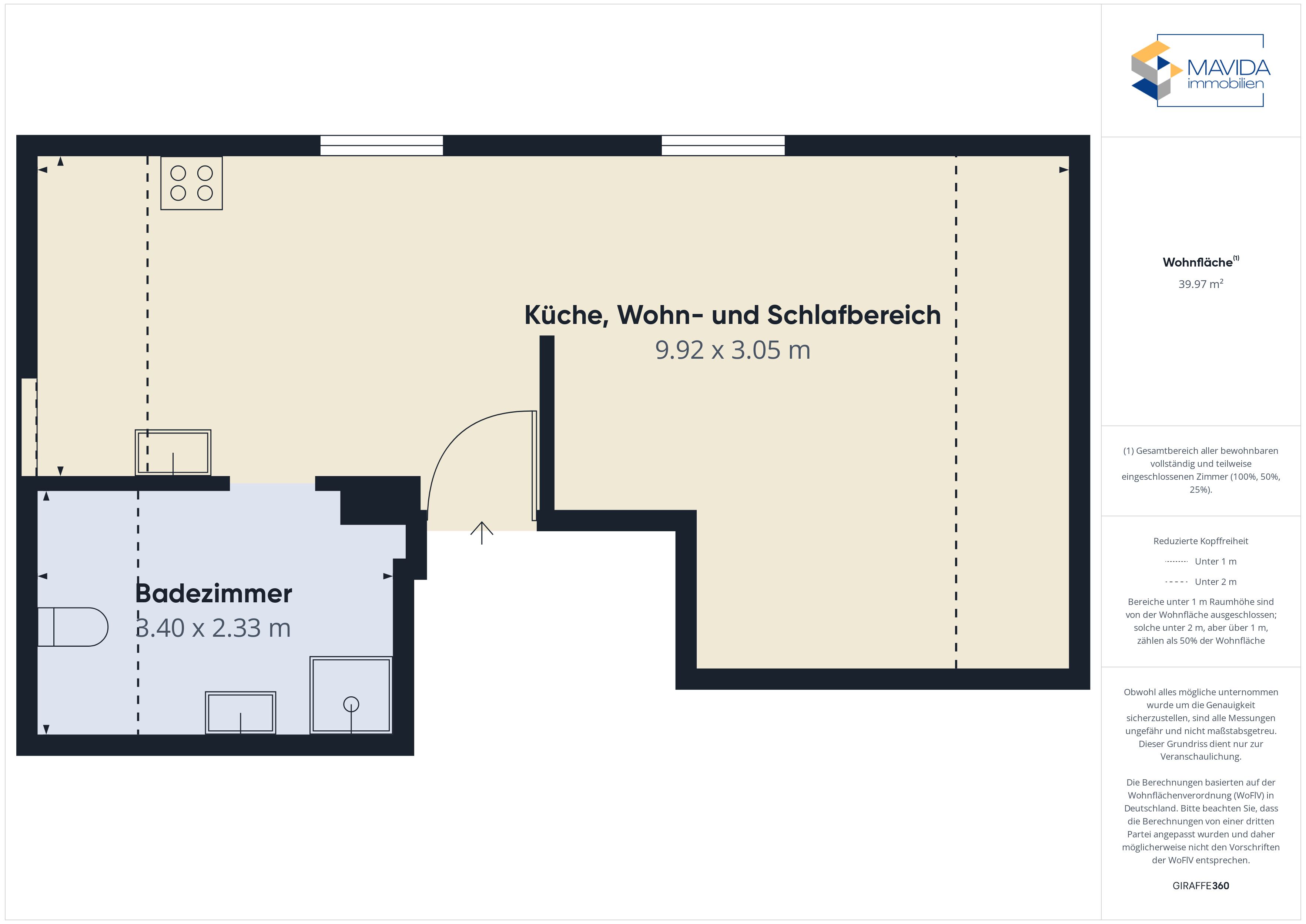 Planta baixa de um imóvel com cozinha, sala de estar e área de quarto medindo 9,92 x 3,05 m², e banheiro medindo 3,40 x 2,33 m².
