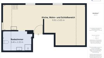 Planta baixa de um imóvel com cozinha, sala de estar e área de quarto medindo 9,92 x 3,05 m², e banheiro medindo 3,40 x 2,33 m².