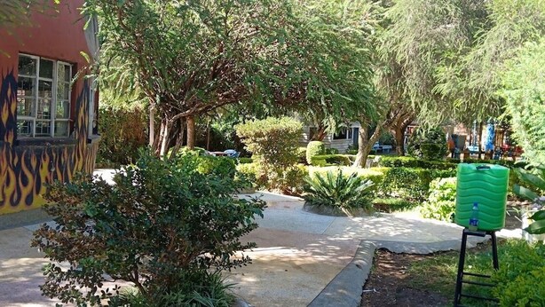 A courtyard with a water fountain, a mural on a building, and various trees and shrubs. - White highlands Inn Eldoret (Eldoret)