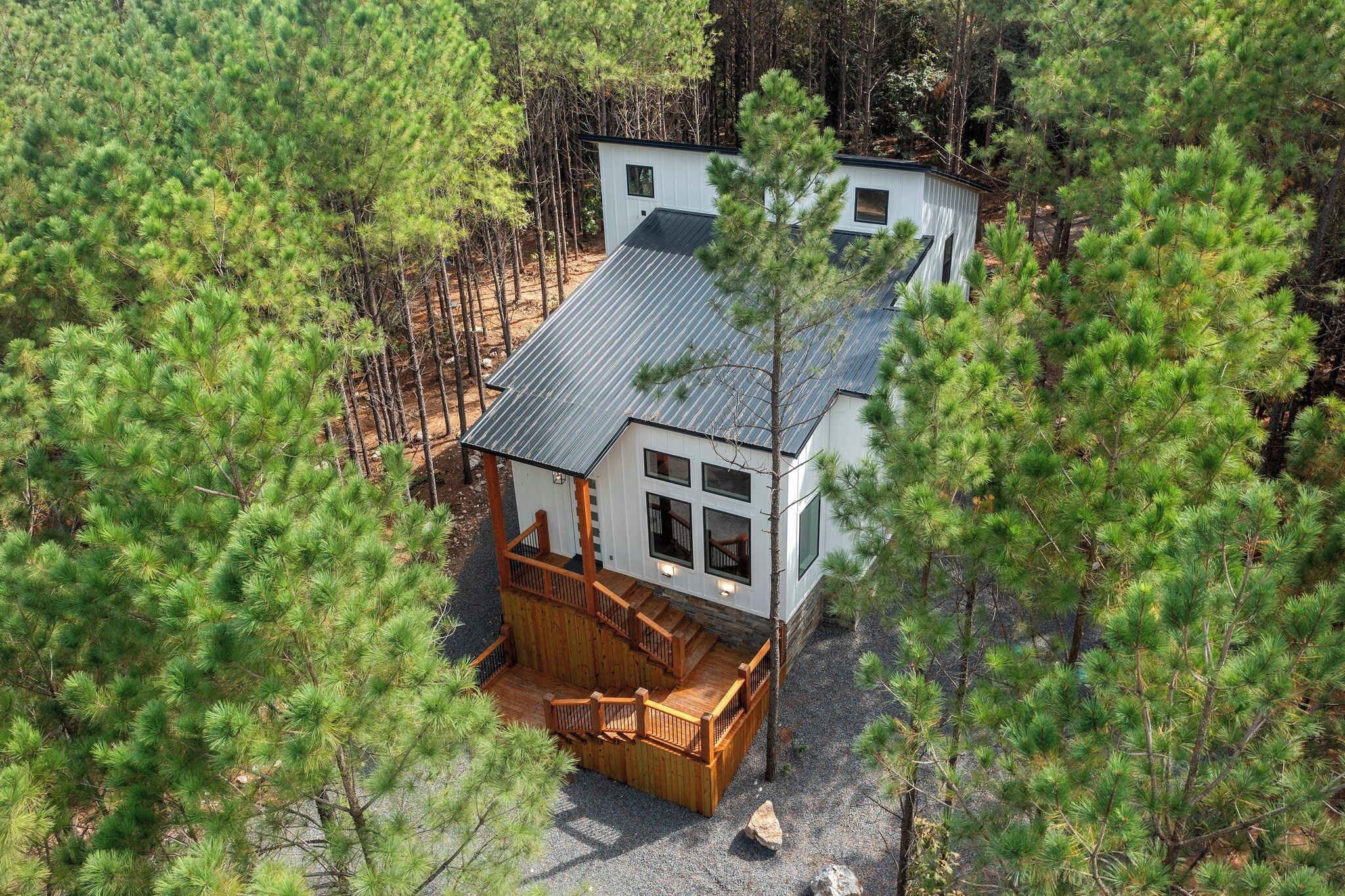 Une cabane entourée de pins, dotée d’une terrasse en bois et d’un toit en métal.