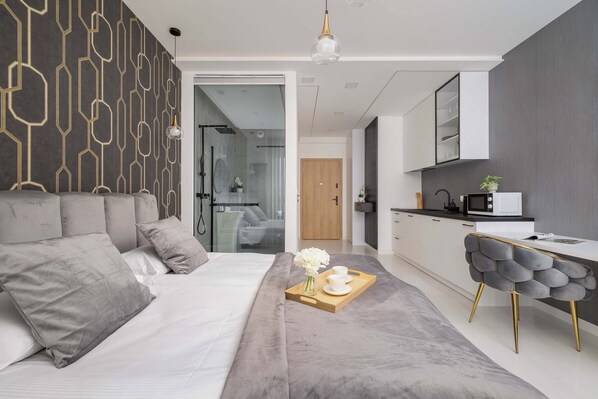 Desk, iron/ironing board, travel cot, WiFi - Zabrska 15 Katowice | Silver Studio with Parking and Desk (Katowice)