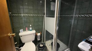 A bathroom with a toilet, a glass shower enclosure, and a sink. - Cozy Studio in Stoke Newington (London)