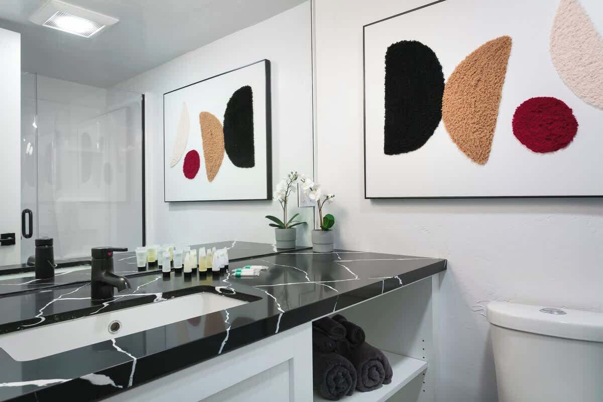 Shower, hair dryer, shampoo
