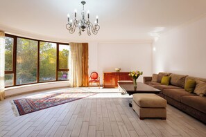 Deluxe Apartment, Balcony, Park View | Living area | 50-inch flat-screen TV with cable channels