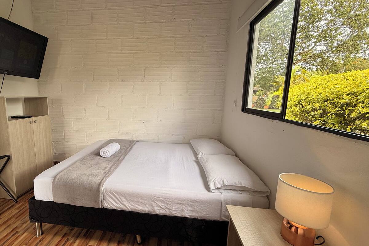 A single bed with a TV above it, a wooden cabinet, a desk with a chair, and a window with a view of greenery.