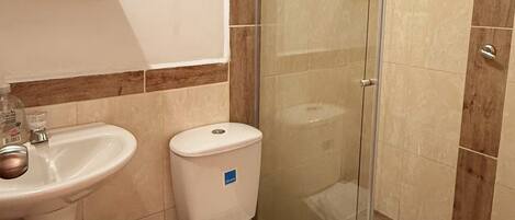 A bathroom with a shower, sink, and toilet.