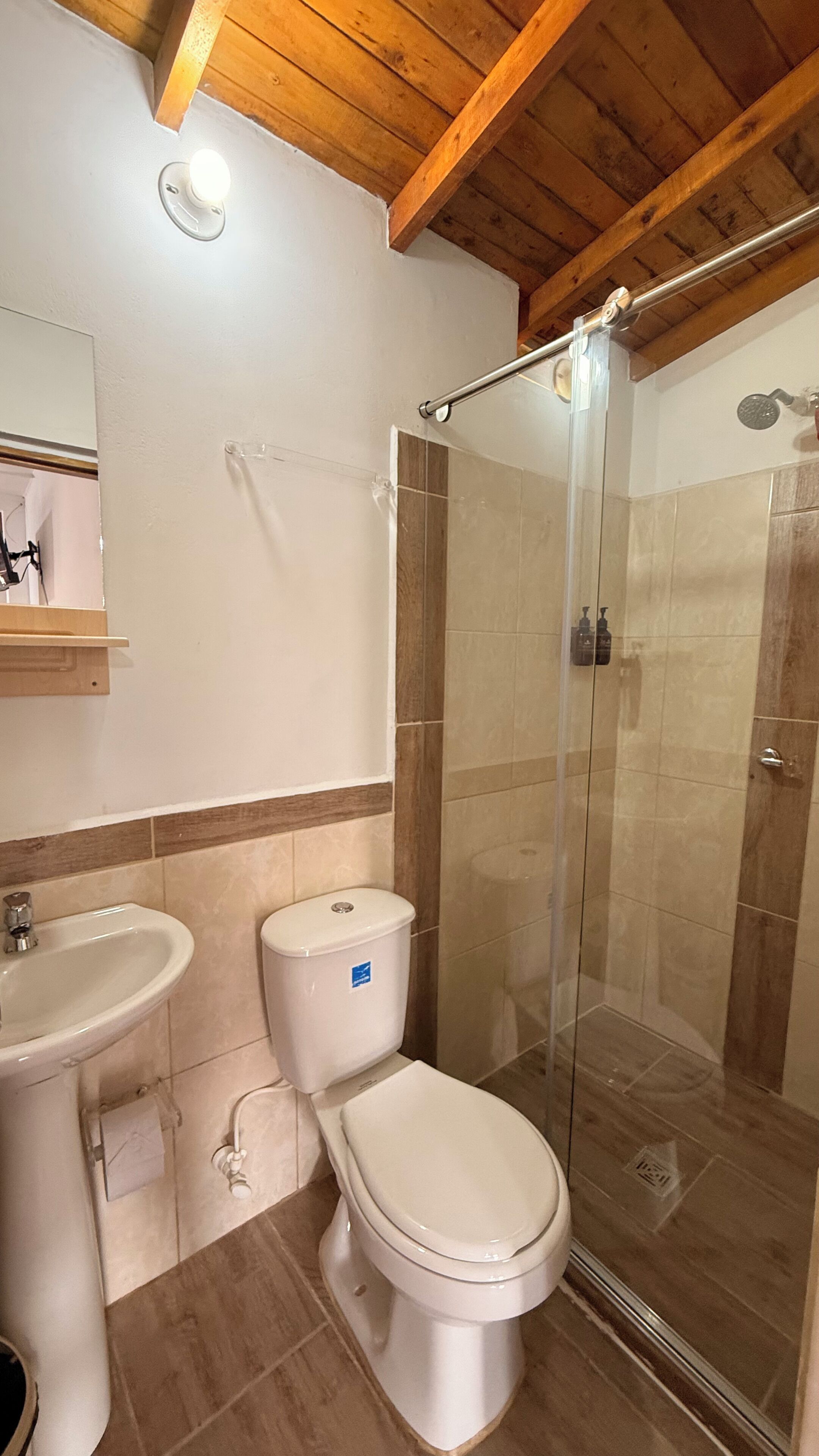 A bathroom with a shower, toilet, and sink.