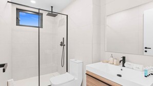 A modern bathroom with a glass-enclosed shower, a white toilet, and a vanity with a mirror and toiletries.