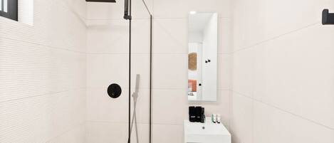 A modern bathroom with a walk-in shower, a white sink, and a mirror above it.