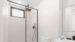 Ein modernes Badezimmer mit einer Duschkabine, einer weißen Toilette und einem Waschtisch mit Pflegeprodukten.