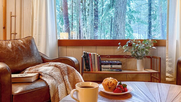 Ein gemütliches Zimmer mit einem Ledersofa, einem Couchtisch mit einem Muffin und Erdbeeren, einem Bücherregal und einem Fenster mit Blick auf einen Wald.