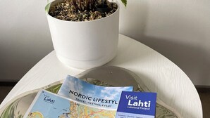 Ein Blumentopf mit Pflanze auf einem weißen Tisch zusammen mit Reisebroschüren.