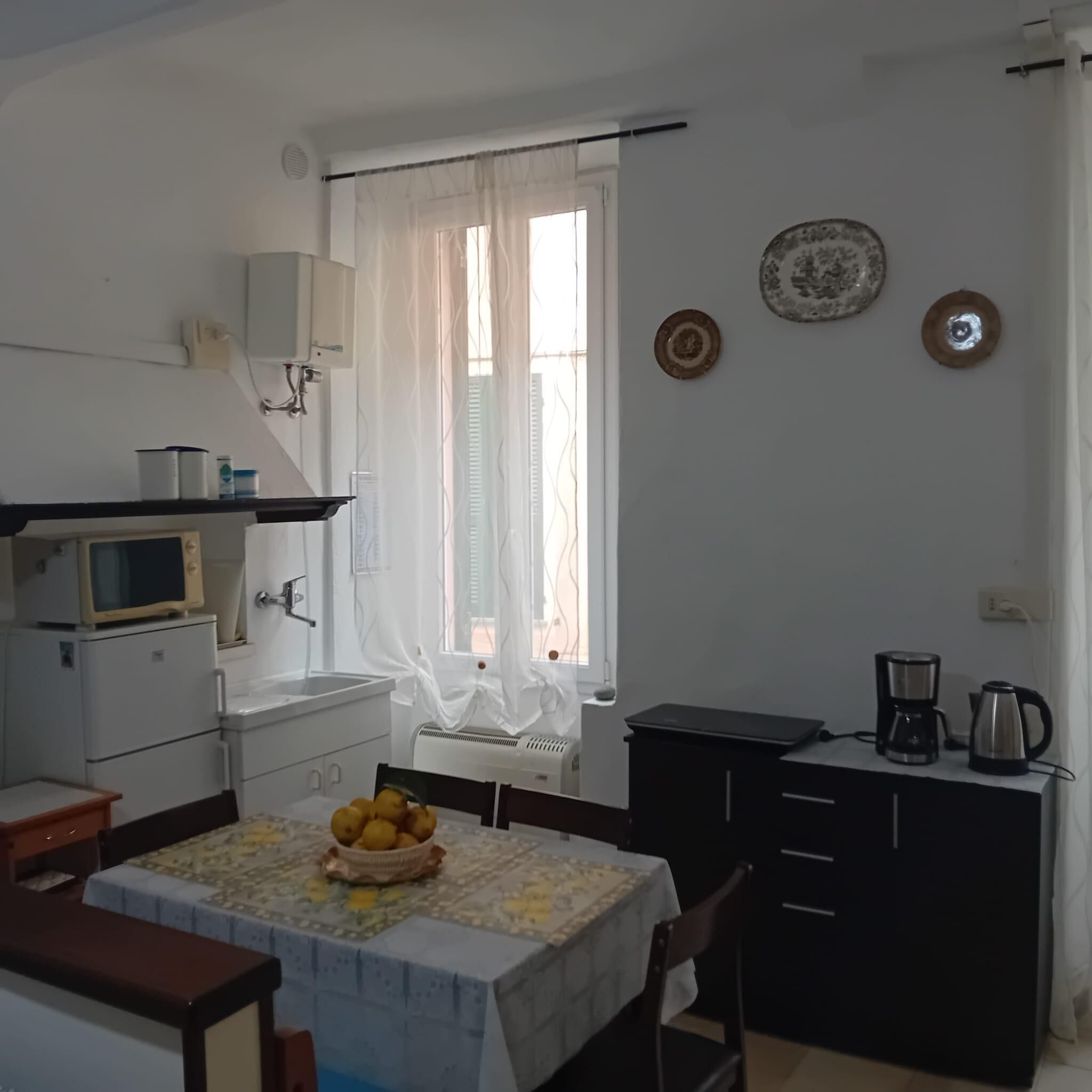 Une cuisine compacte équipée d’un four à micro-ondes, d’un évier et d’une table avec un panier à fruits. Deux assiettes décoratives sont accrochées au mur, et une machine à café est posée sur le comptoir.