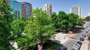 Una calle urbana con edificios altos, árboles y automóviles estacionados.