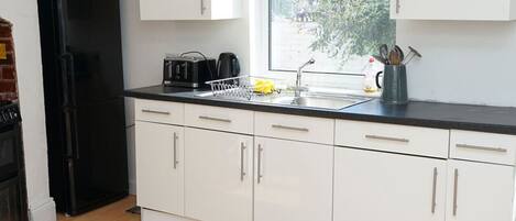 Fridge, microwave, oven, toaster