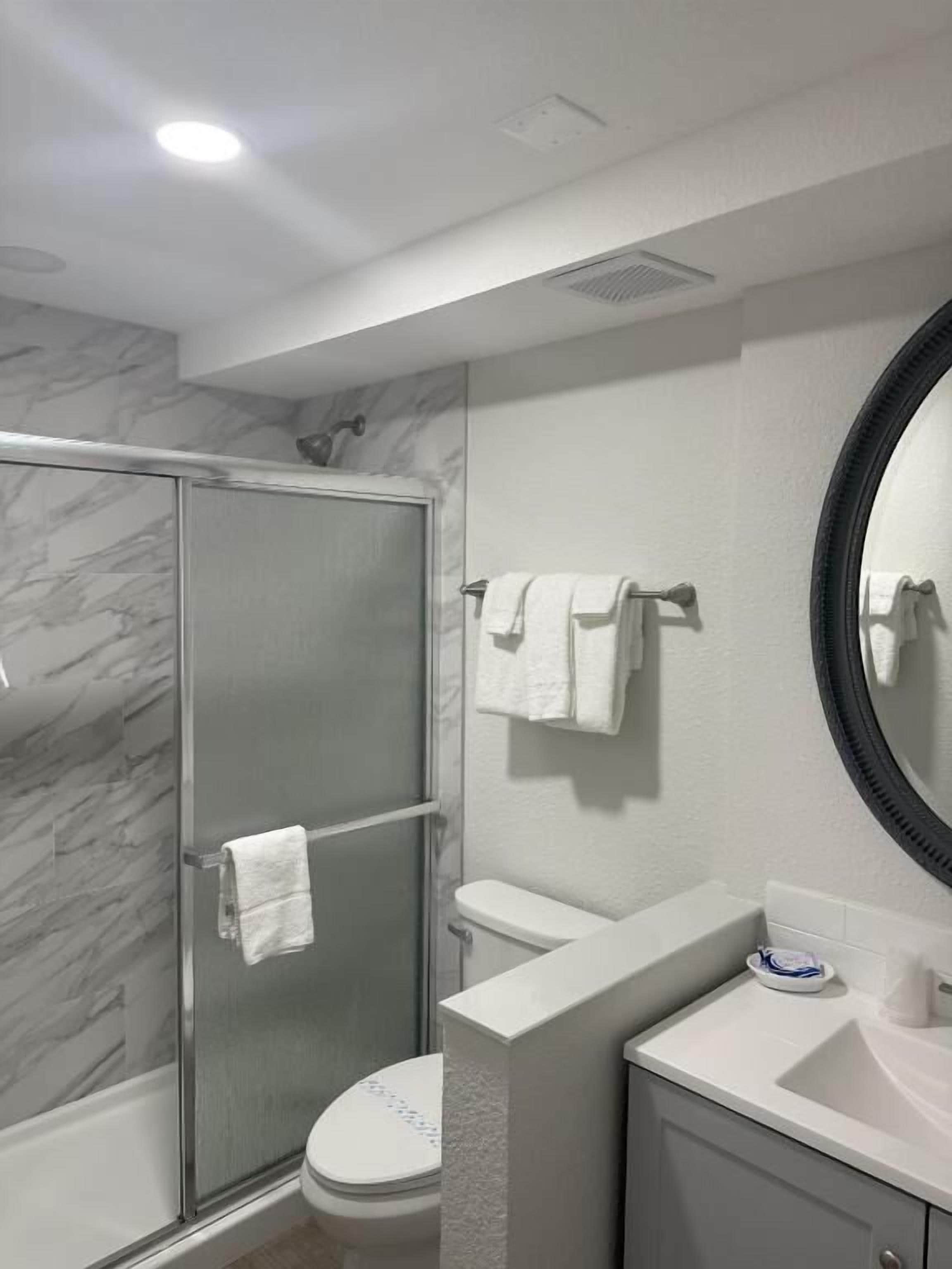 A modern bathroom with a glass shower enclosure, a toilet, a sink, and a mirror.