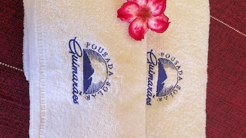 Chuveiro, toalhas de banho, papel higiênico