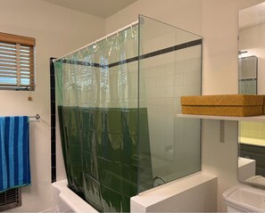 Hair dryer, towels, soap, shampoo