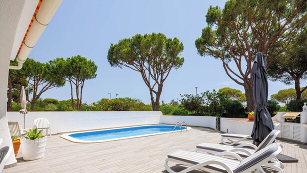 Un espace piscine aménagé sur le toit, avec des chaises longues, une petite piscine et des arbres environnants.