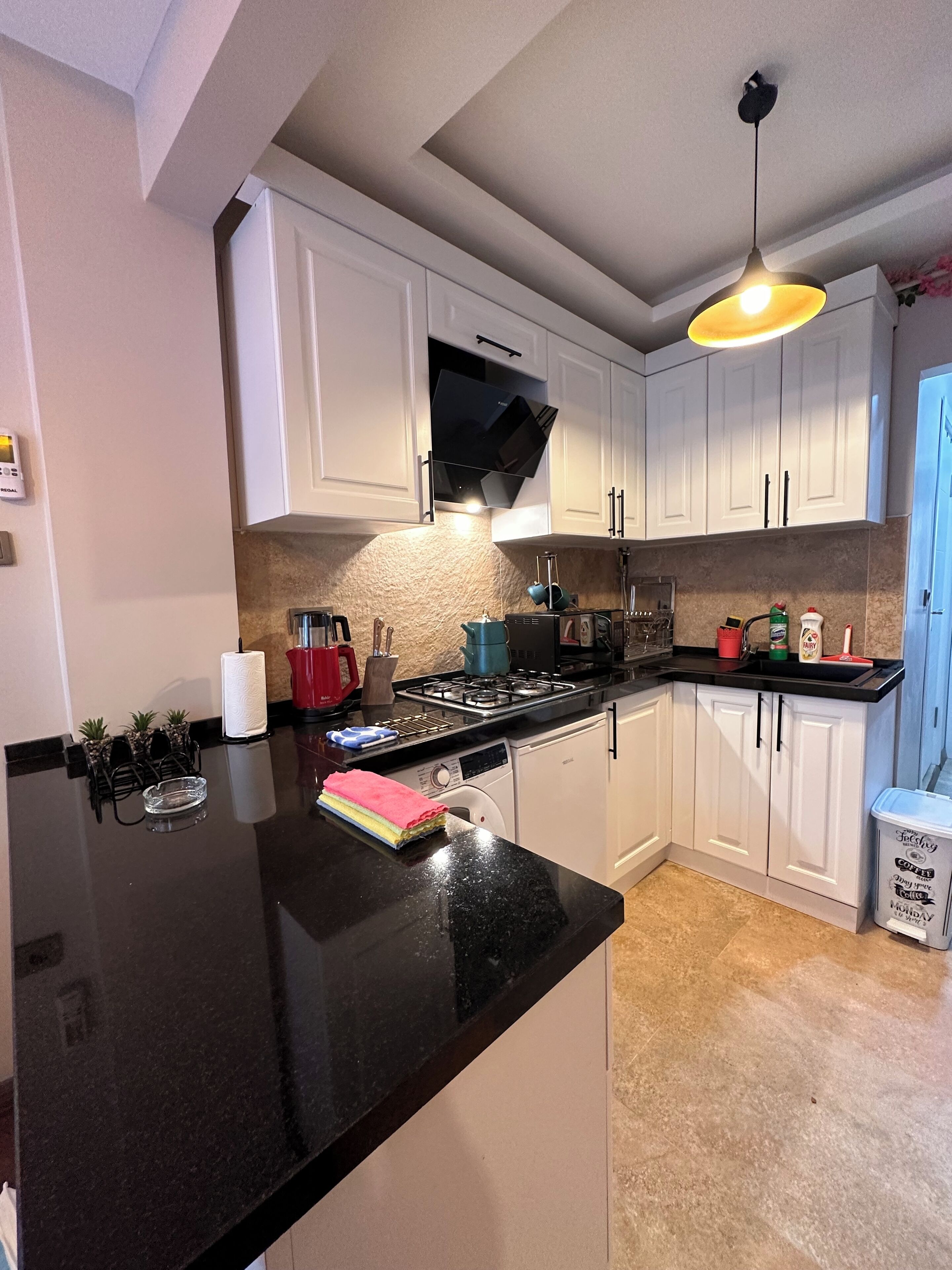 Fridge, microwave, stovetop, electric kettle