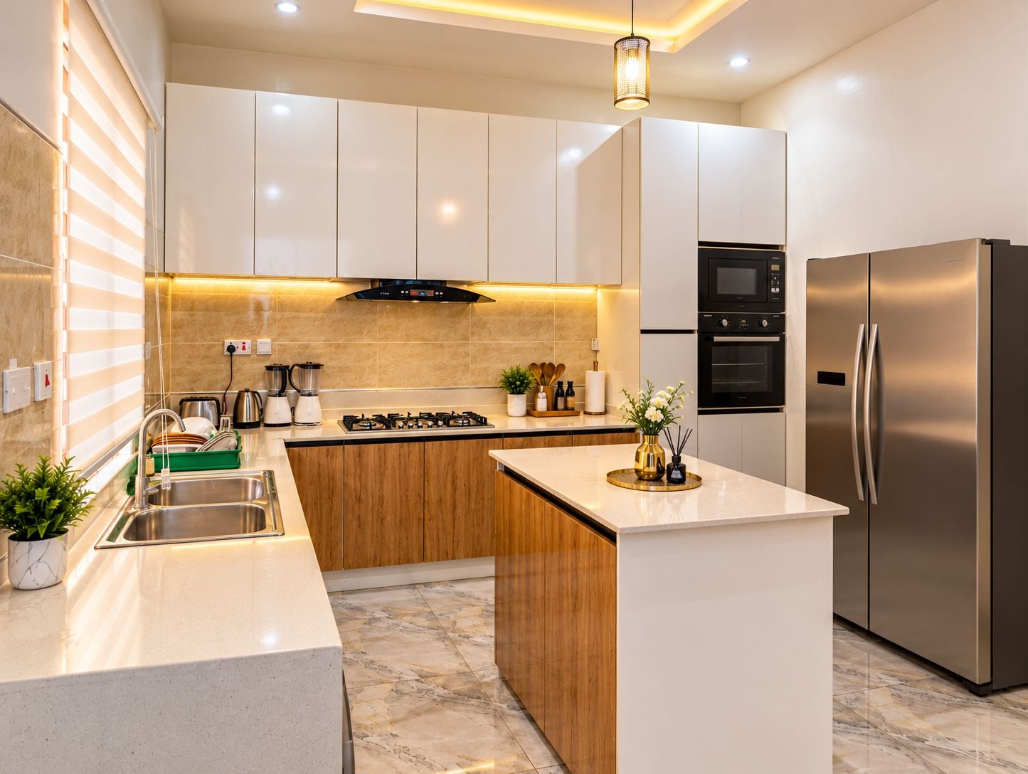 A modern kitchen with white cabinets, a stainless steel refrigerator, a gas stove, and a central island with a vase of flowers.