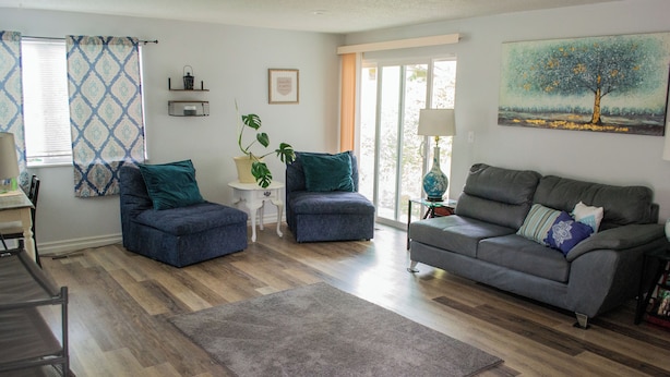 Un salon avec un canapé gris, deux fauteuils bleus, une table basse et un tapis gris.