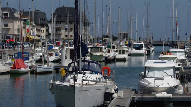 A marina with multiple boats docked, buildings in the background, and a clear sky.