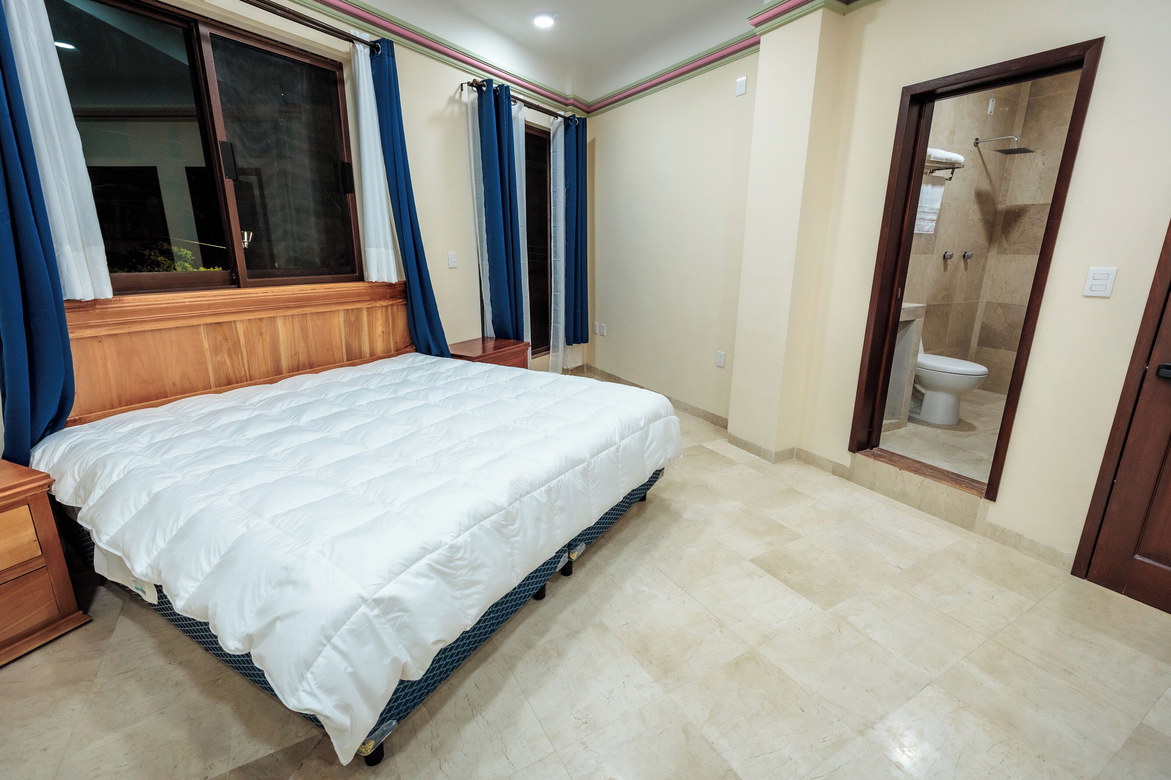 A bedroom with a bed, a window with curtains, a shower area, and a toilet.