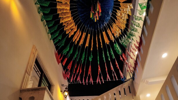 Un interior de varios niveles con una escalera central, plantas en macetas y un techo decorativo.
