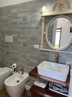 Shower, hair dryer, towels - Room 'Camera Blu Vista Mare E Monti' with Sea View, Wi-Fi and Air Conditioning (San Mauro Cilento)