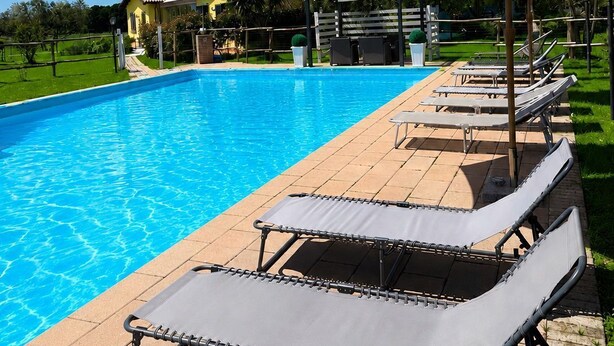 Una piscina amb gandules i para-sols, envoltada per una zona verda i un edifici.