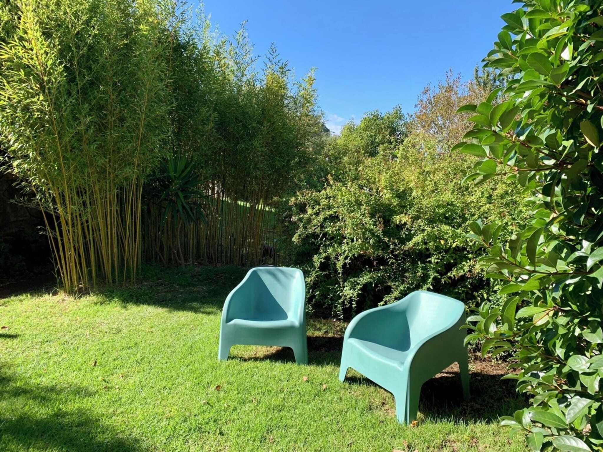 Un jardin avec deux chaises en plastique vertes et des plantes en bambou.