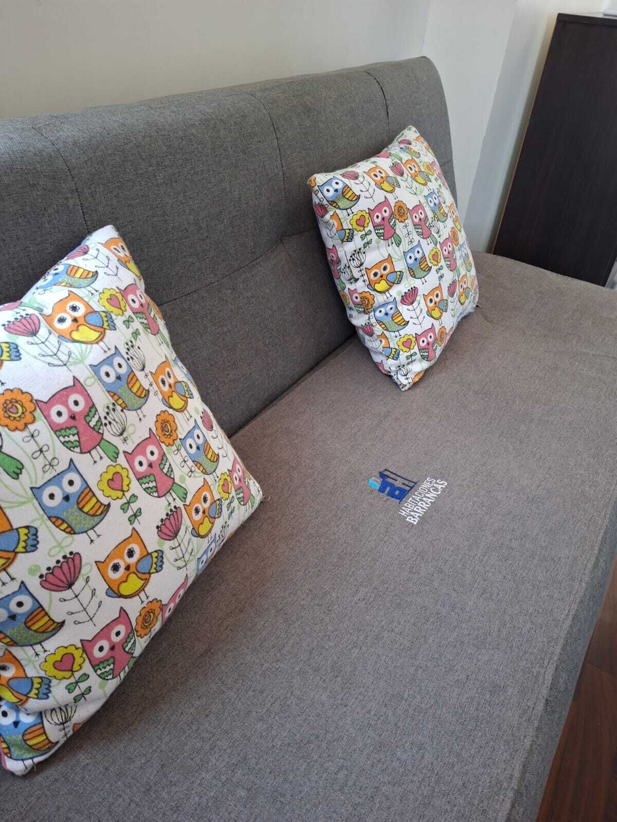 Un sofá gris con dos almohadones coloridos con diseños de búhos y flores.