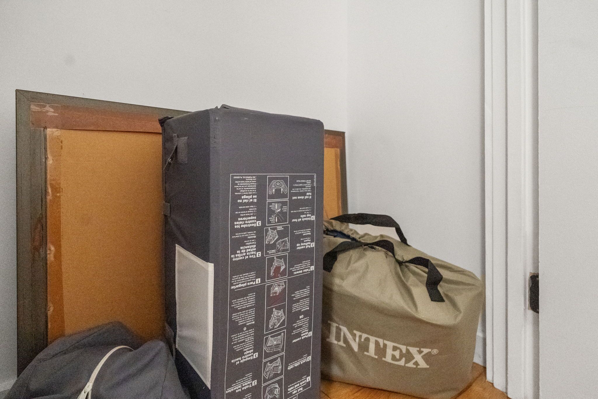 A room with a closed door, a cardboard box, and a brown duffel bag.