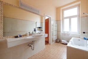 Hair dryer, towels, soap, toilet paper
