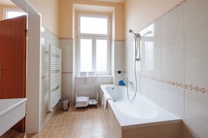 Hair dryer, towels, soap, toilet paper