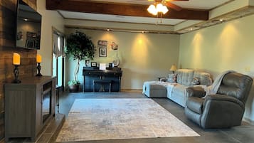 Smart TV, fireplace, books