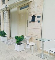 Entrada de un edificio con puerta, buzón y plantas en macetas.