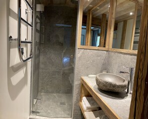 Shower, towels, toilet paper