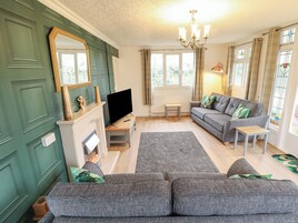 Una sala de estar con sofá, televisor, chimenea y una ventana con cortinas.