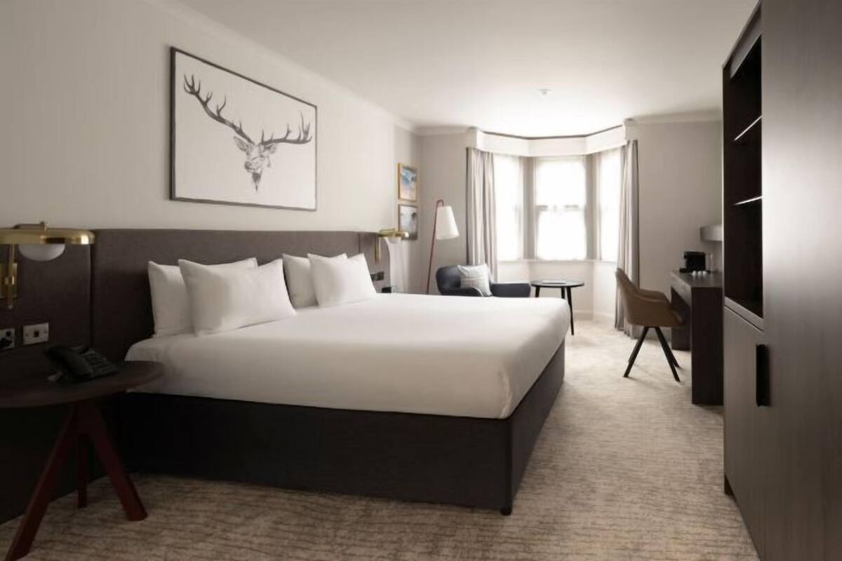 A hotel room with a large bed, a desk, a chair, a television, and a window with curtains.