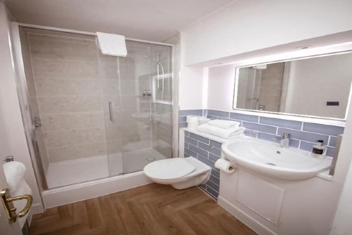 A bathroom with a glass-enclosed shower, a white sink, and a toilet.