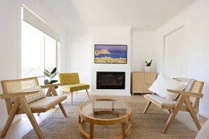 TV, fireplace, books