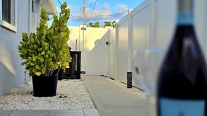 A narrow outdoor pathway with a potted plant and a wine bottle in the foreground. - Left Apt.2BR| 7` TPA Airport| AC| Pkng| Wine| HSIA (Tampa)