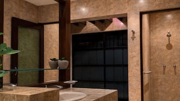 Jetted tub, hair dryer, towels, soap