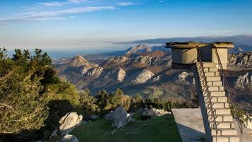 Una escalera de piedra conduce a una plataforma con vistas panorámicas de la montaña.
